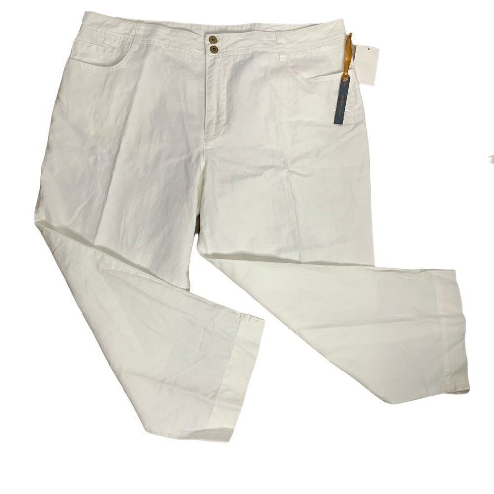 Amber Sun Linen Capri Pants 16 White Straight Leg Pockets Buttons Zip Belt Loops